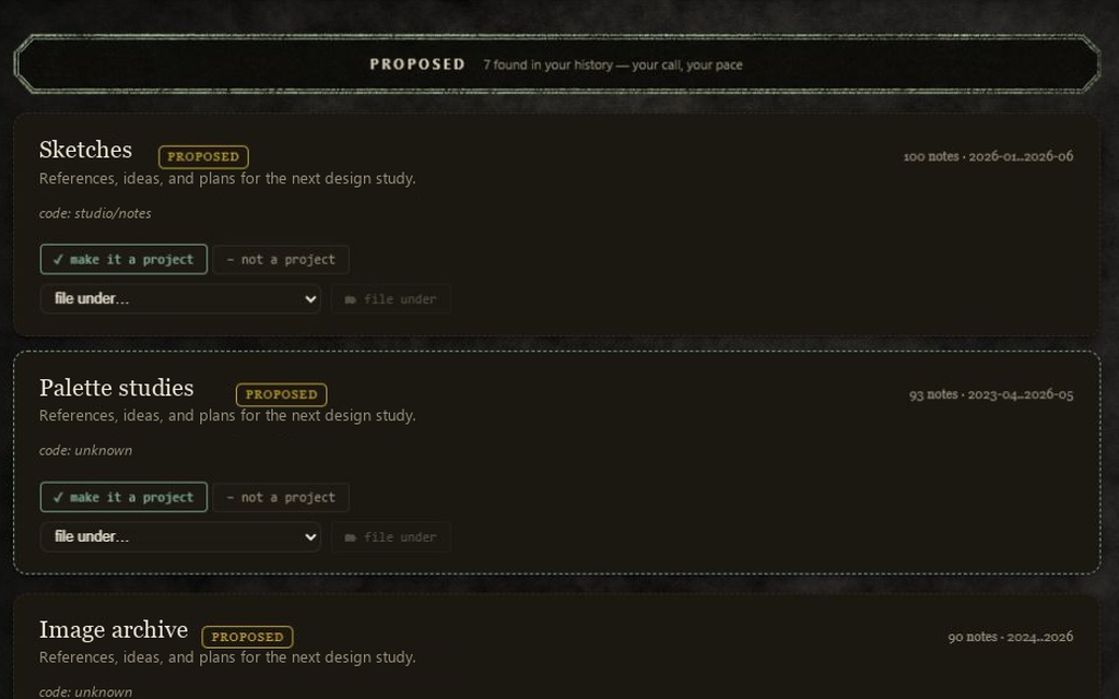 Projects in Cairn; private text replaced with examples